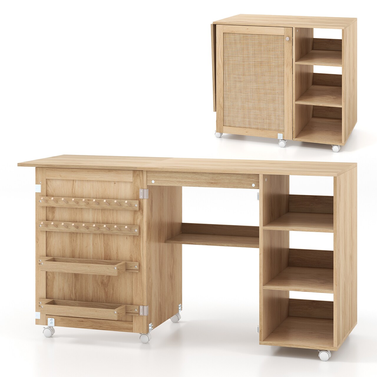 Natural Multipurpose Folding Sewing Table Craft Station with Rattan Door